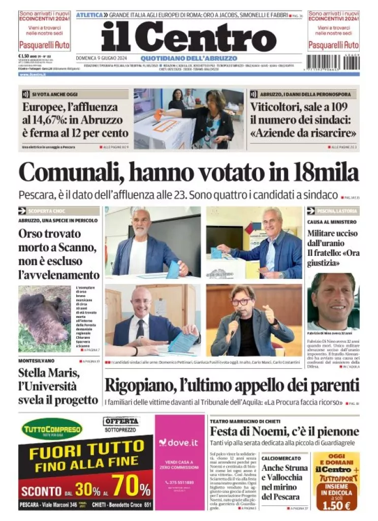 Prima-pagina-il centro-oggi-edizione-del-2024-06-09